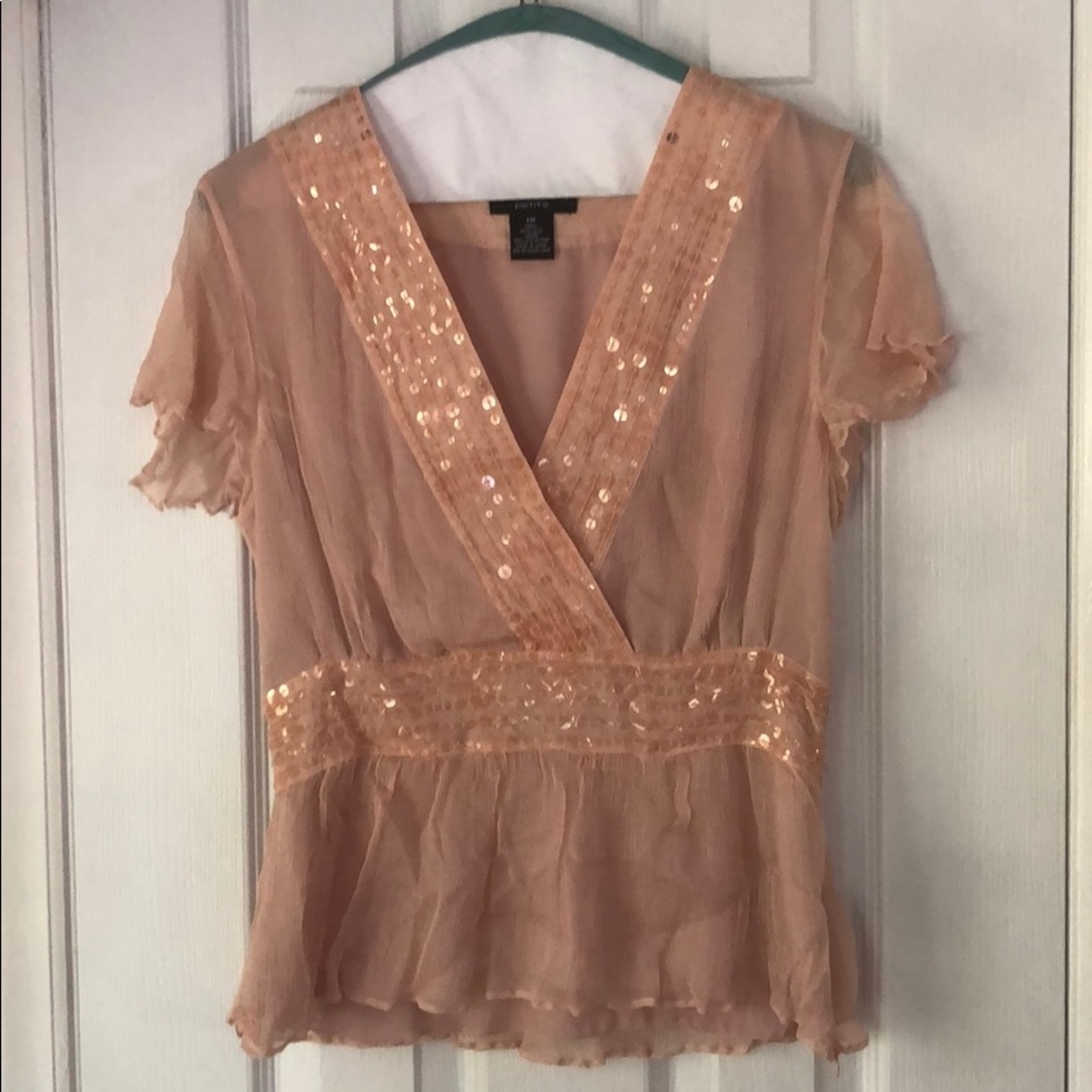 Delicate Pink Chiffon Blouse V Neck w/ Sequins PM